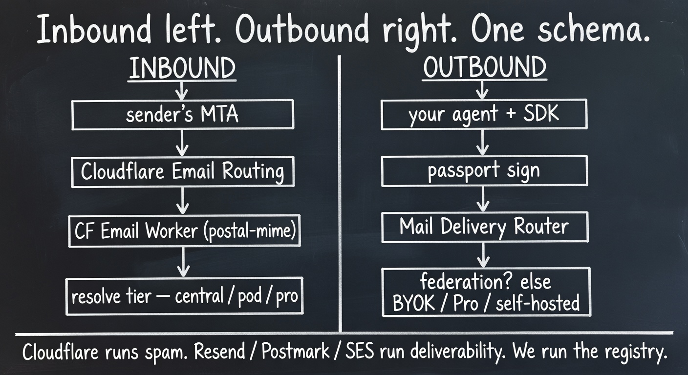 Inbound and outbound pipelines — Cloudflare runs spam, providers run deliverability, we run the registry