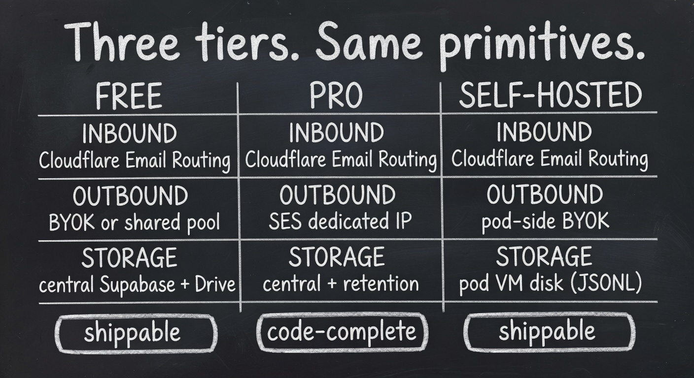 Three tiers — Free / Pro / Self-hosted — same primitives, different infrastructure