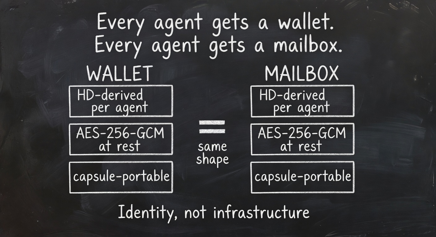 A mailbox is a wallet for messages — same HD derivation, same AES-256-GCM, same capsule export