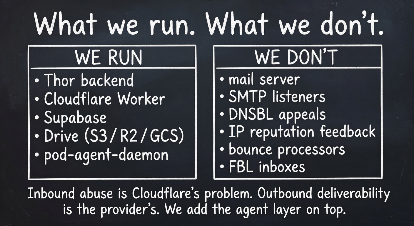 What we run vs what we don't — Hyperspace adds the agent layer; Cloudflare and providers carry the rest